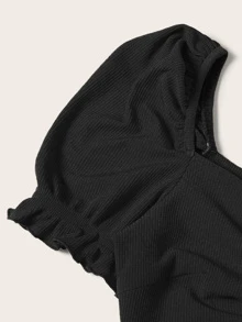 SHEIN Camiseta tejida de canalé de cuello con cordón de puño fruncido - Negro - Ver 4