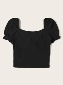 SHEIN Camiseta tejida de canalé de cuello con cordón de puño fruncido - Negro - Ver 2
