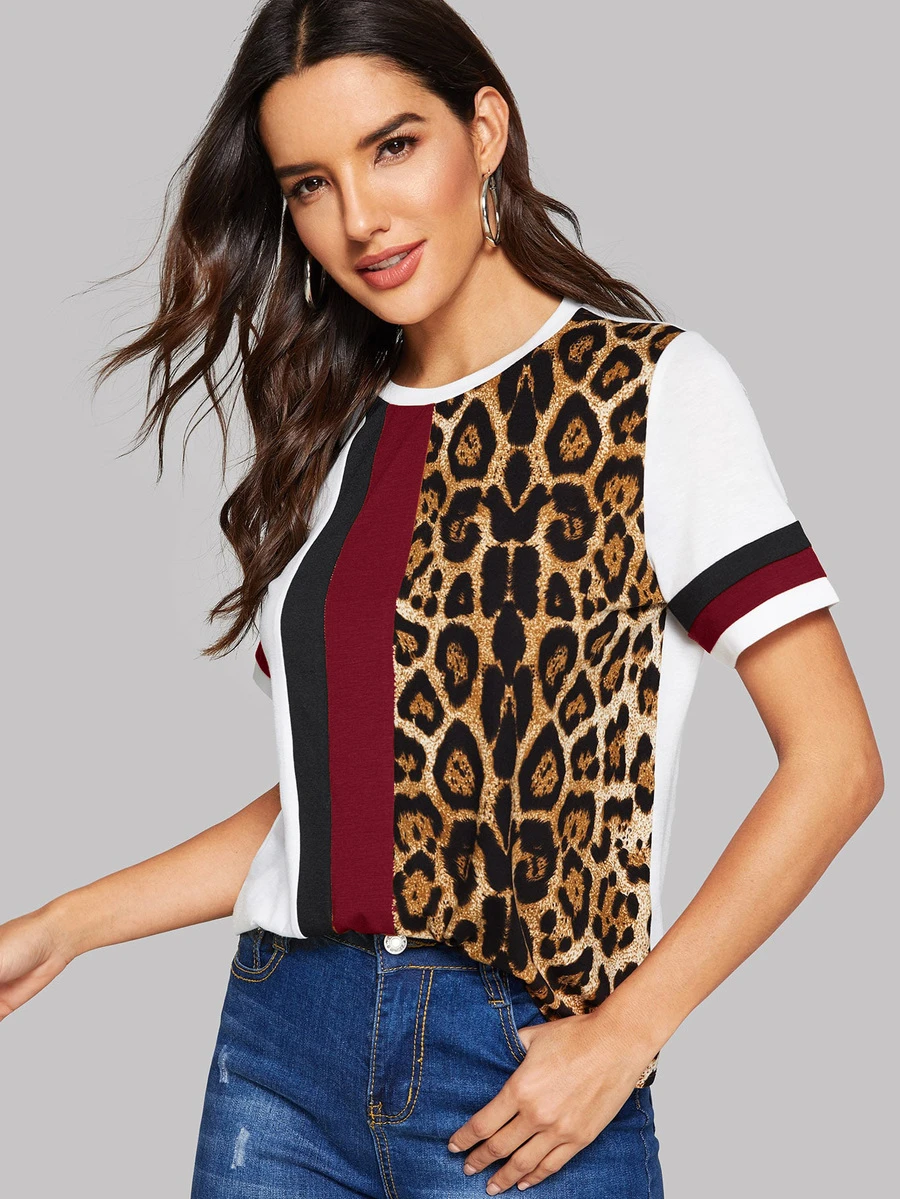 SHEIN LUNE Top panel de leopardo con costura - Multicolor - Ver 1