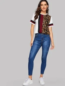 SHEIN LUNE Top panel de leopardo con costura - Multicolor - Ver 5