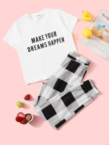 SHEIN Girls Slogan Graphic Tee and Plaid Pants PJ Set - Black and White - View 1
