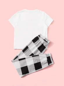 SHEIN Girls Slogan Graphic Tee and Plaid Pants PJ Set - Black and White - View 2
