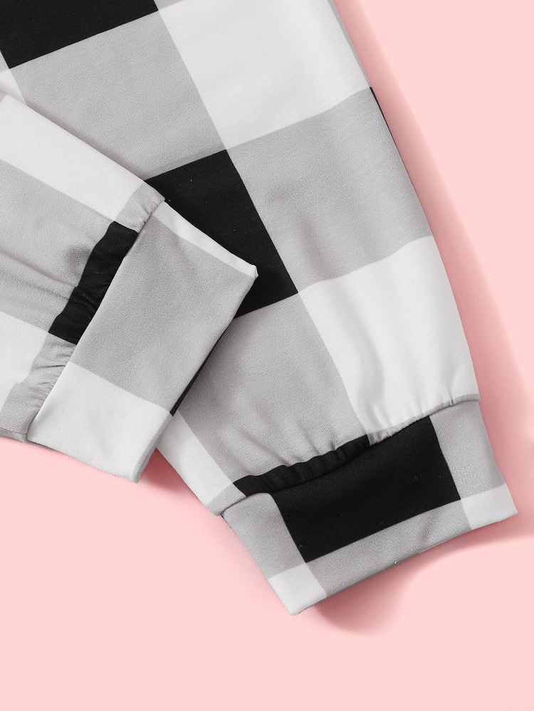 SHEIN Girls Slogan Graphic Tee and Plaid Pants PJ Set - Black and White - View 3