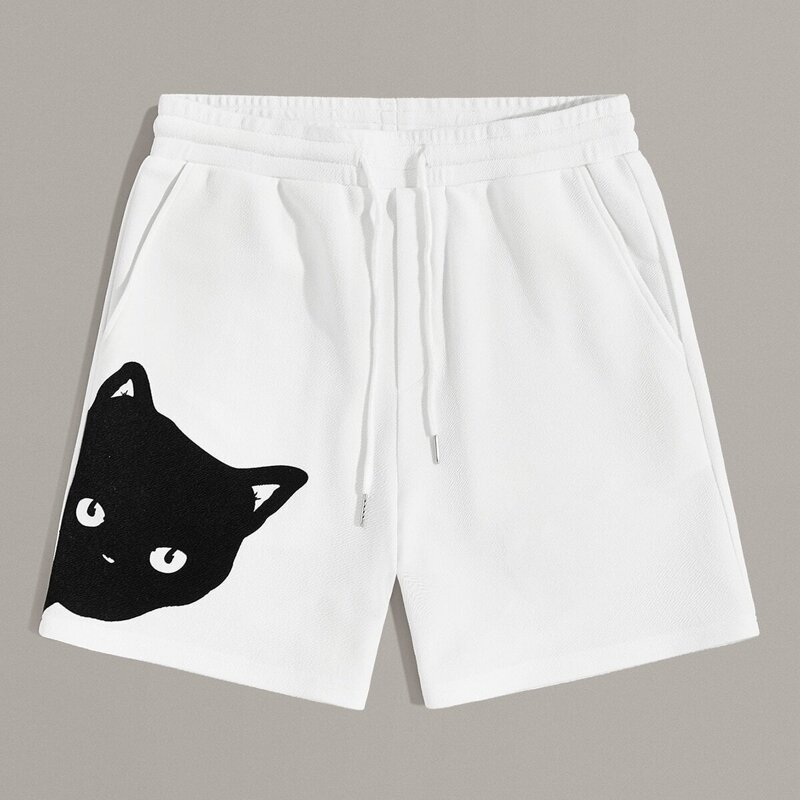

Guys Drawstring Waist Slant Pocket Cat Print Shorts, White
