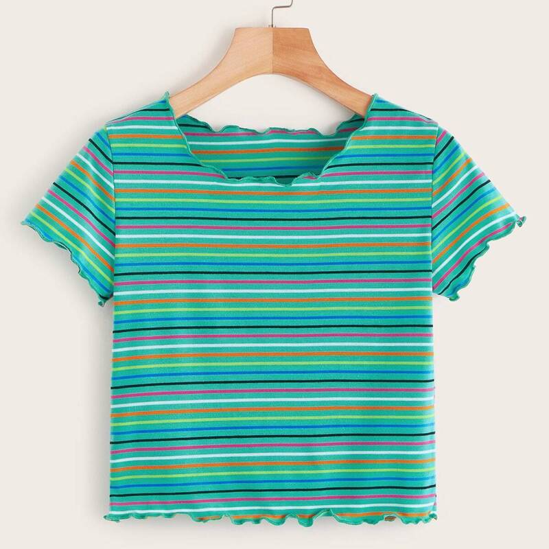 

Muti-stripe Lettuce Trim Crop Tee, Multicolor