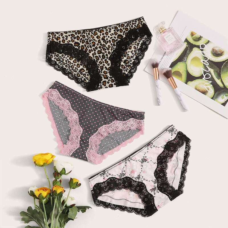 

Random Bow Back Mixed Print Lace Trim Panty Set 3pack, Multicolor