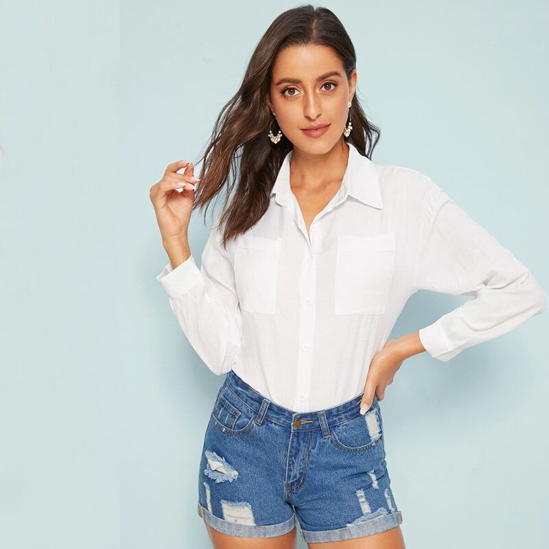 

Solid Pocket Front Blouse, White