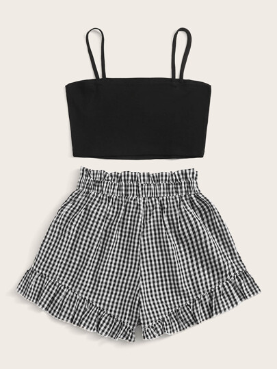 Preto e Branco Bainha de Ruffle Guingão Casual Roupas de 2pçs