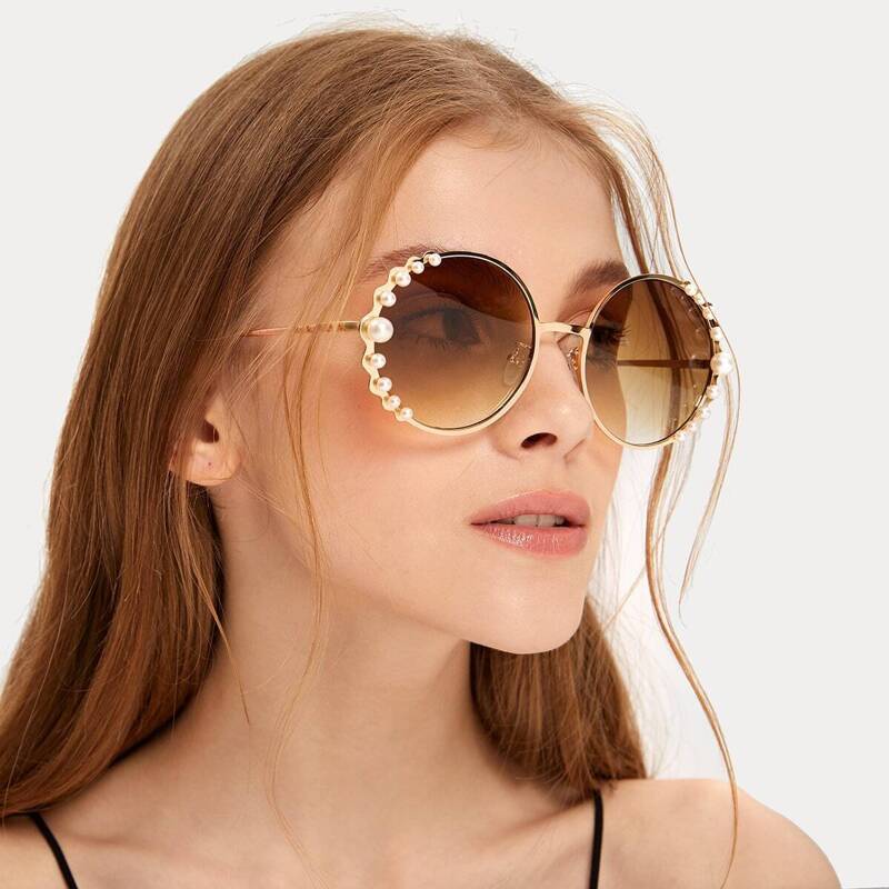 

Faux Pearl Decor Round Frame Sunglasses, Brown