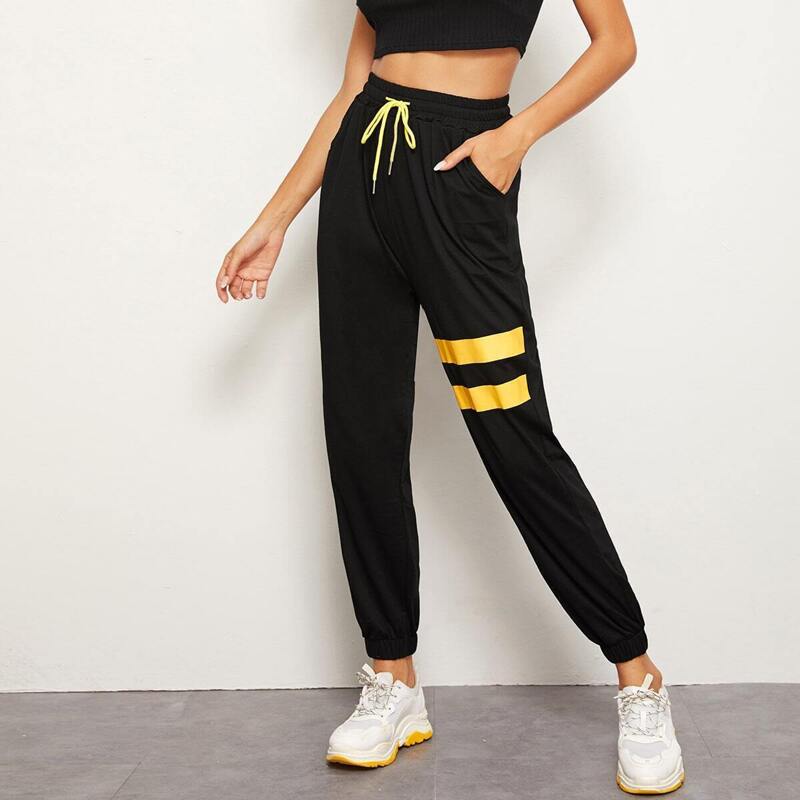 

Varsity Striped Drawstring Waist Sweatpants, Black