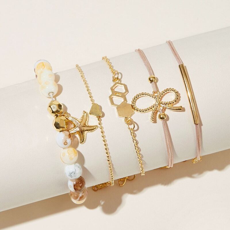 

Starfish & Bow Knot Decor Chain Bracelet 5pcs, Gold