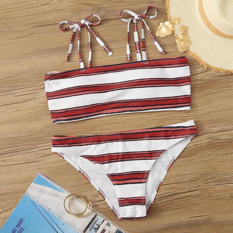 

Striped Self Tie Top With Cheeky Bikini Set, Multicolor
