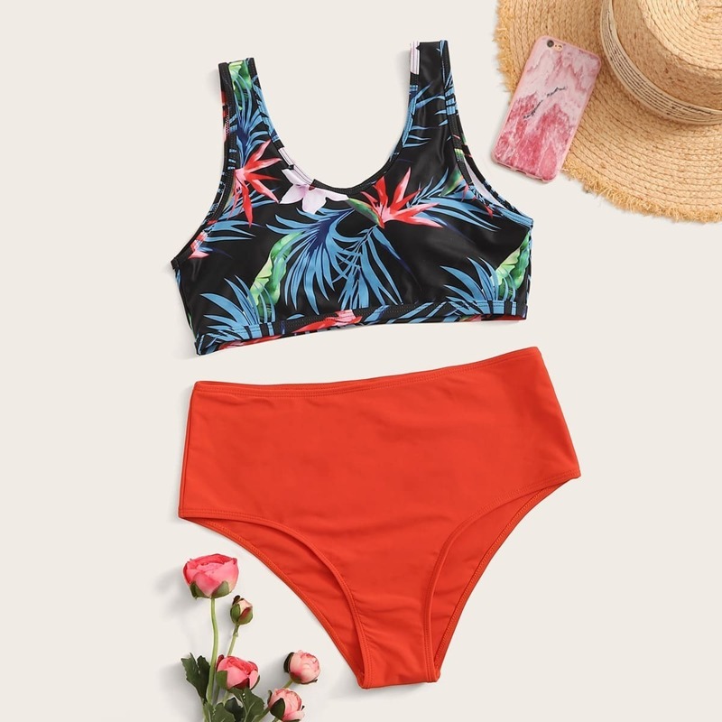 

Tropical Top With High Waist Bikini Set, Multicolor