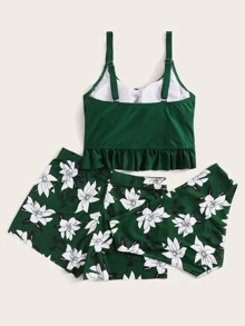 SHEIN Swim Floral Tankini Set Ruffle Hem Lace Up Cami Top & High Waisted Bottom & Shorts 3 Piece Bathing Suit,Summer Beach - Dark Green - View 2