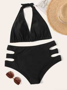 Plus Halter Top With Cut Out Bikini Set
