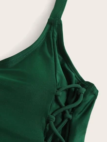 SHEIN Swim Floral Tankini Set Ruffle Hem Lace Up Cami Top & High Waisted Bottom & Shorts 3 Piece Bathing Suit,Summer Beach - Dark Green - View 4