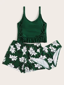 SHEIN Swim Floral Tankini Set Ruffle Hem Lace Up Cami Top & High Waisted Bottom & Shorts 3 Piece Bathing Suit,Summer Beach - Dark Green - View 3