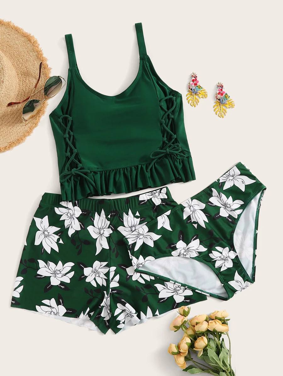 SHEIN Swim Floral Tankini Set Ruffle Hem Lace Up Cami Top & High Waisted Bottom & Shorts 3 Piece Bathing Suit,Summer Beach - Dark Green - View 1