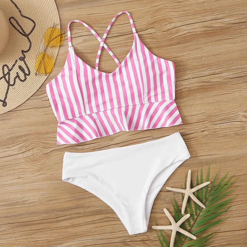 

Striped Criss Cross Ruffle Hem Bikini Set, Multicolor