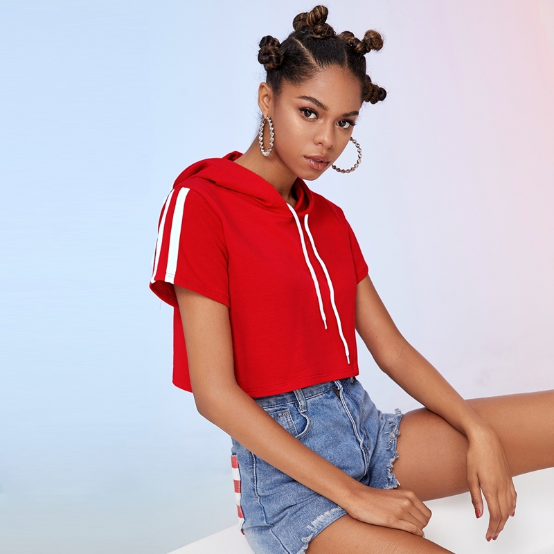 

Side Stripe Drawstring Hooded Crop Tee, Red