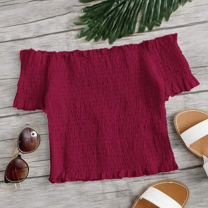 

Solid Shirred Off Shoulder Top, Burgundy