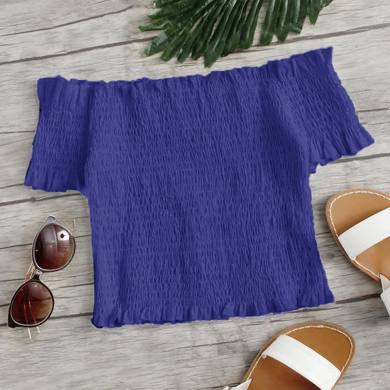 

Solid Shirred Off Shoulder Top, Blue