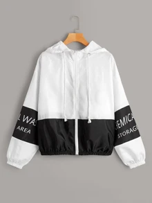 SHEIN 字母圖案拼色連帽衫夾克 - 黑與白 - 查看 1