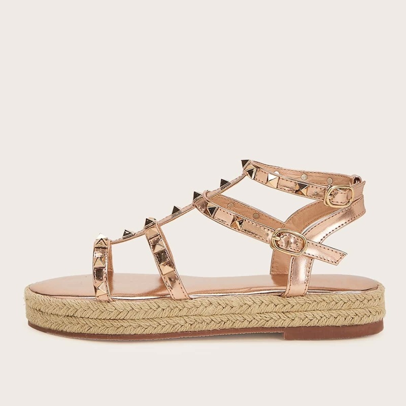 

Studded Decor Buckle Strap Espadrille Sandals, Champagne