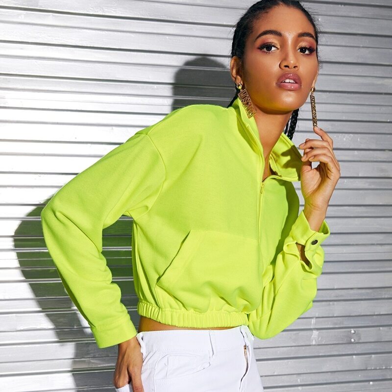 

Neon Lime Zip Half Placket Pocket Front Pullover, Green bright