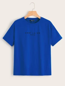 SHEIN LUNE Drop Shoulder Slogan Graphic Top - Royal Blue - View 1