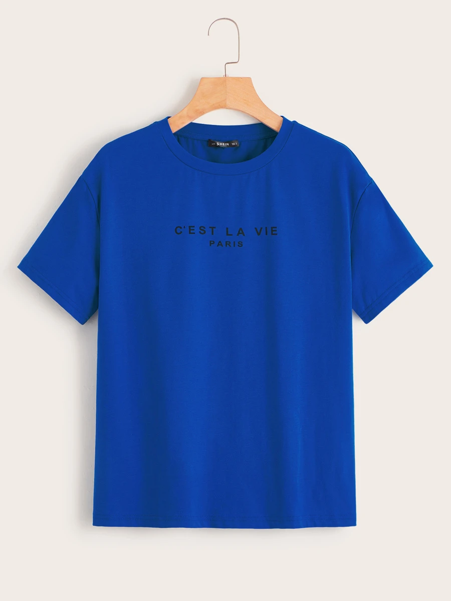 SHEIN LUNE Drop Shoulder Slogan Graphic Top - Royal Blue - View 1