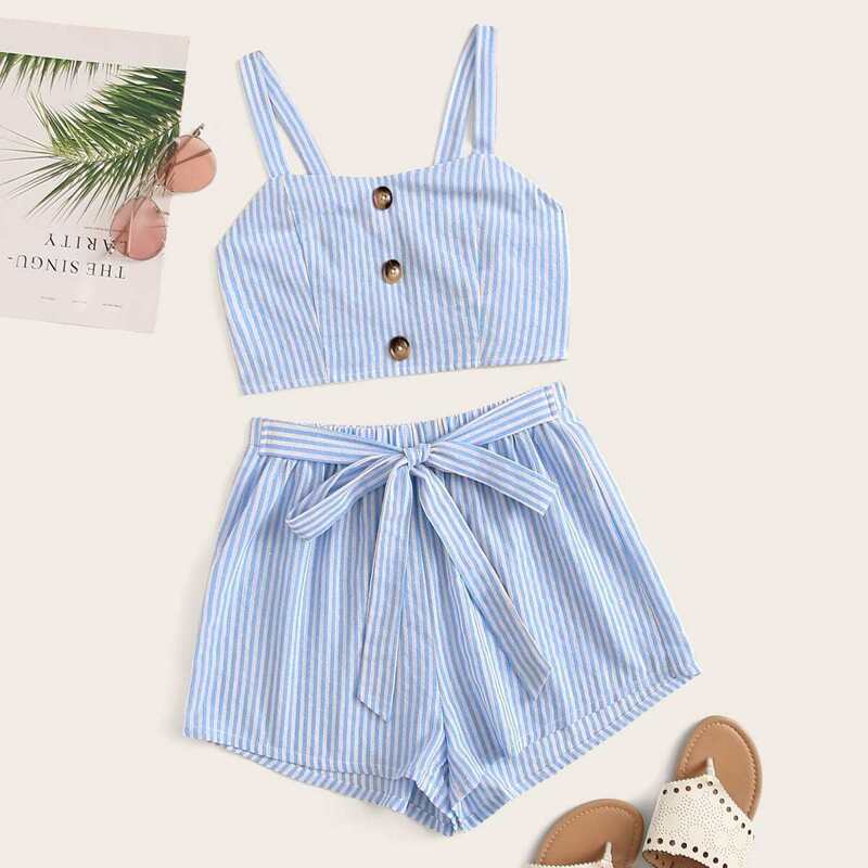 

Striped Button Front Shirred Cami Top & Tie Waist Shorts Set, Blue pastel