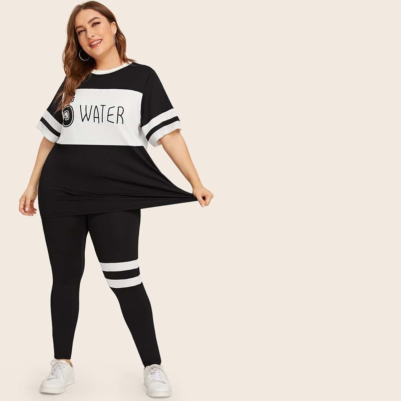 

Plus Letter Print Cut-and-sew Top & Leggings Set, Black and white