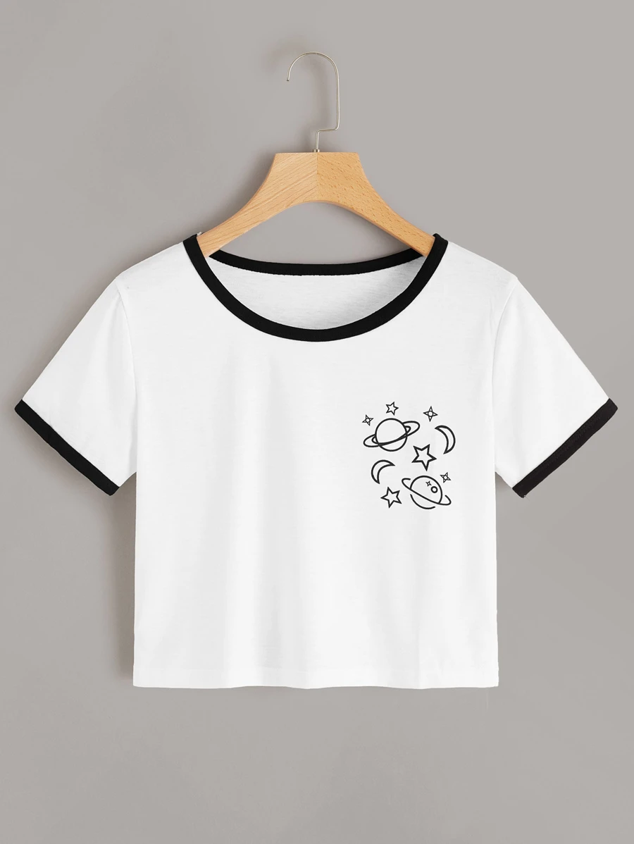 Camiseta con estampado de planeta unida en contraste - Blanco - Ver 1