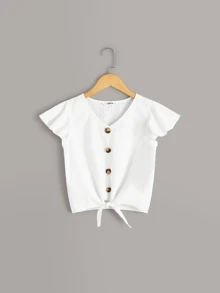 SHEIN Girls Solid Buttoned Knot Hem Ruffle Trim Top - White - View 1