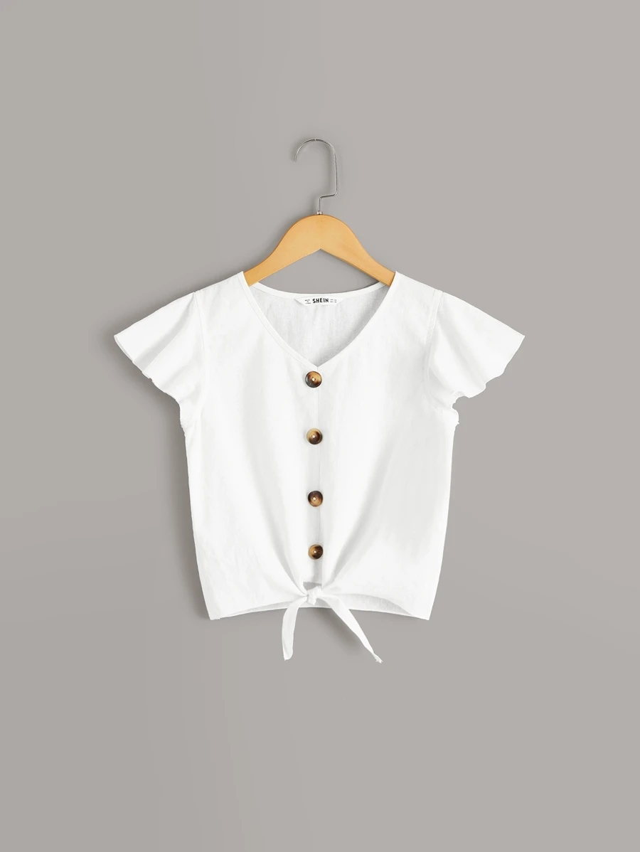SHEIN Girls Solid Buttoned Knot Hem Ruffle Trim Top - White - View 1