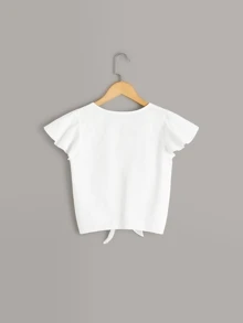 SHEIN Girls Solid Buttoned Knot Hem Ruffle Trim Top - White - View 2