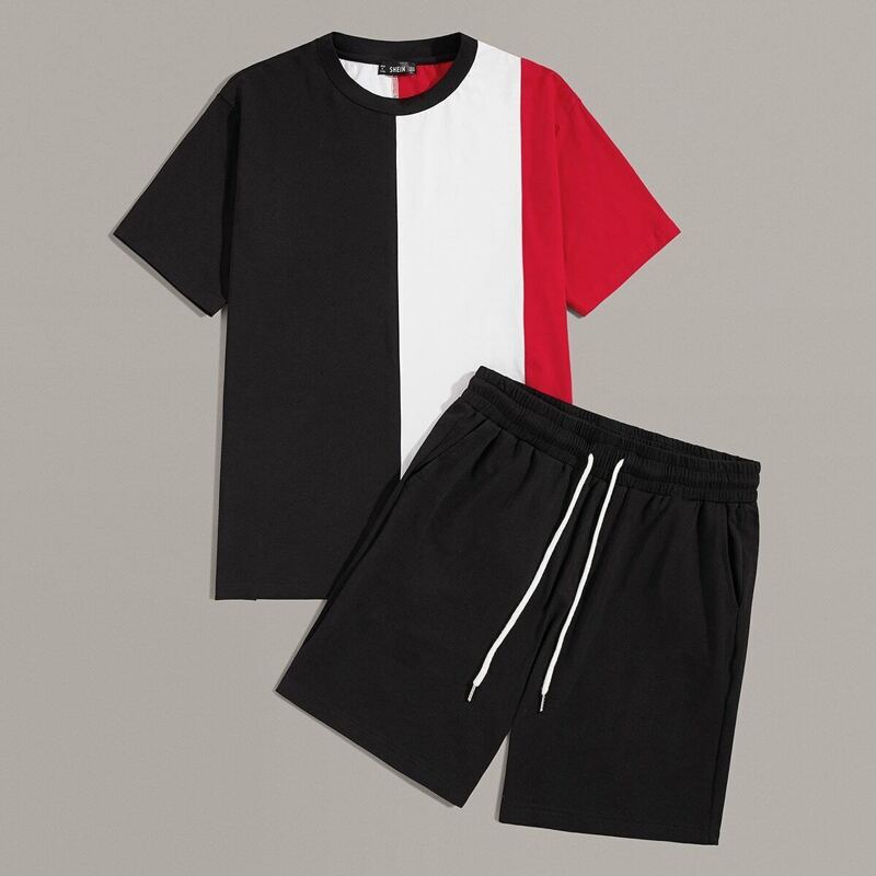 

Guys Cut and Sew Tee & Drawstring Waist Track Shorts Set, Multicolor