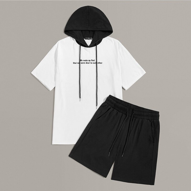 

Guys Slogan Print Two Tone Hoodie and Shorts Set, Black and white
