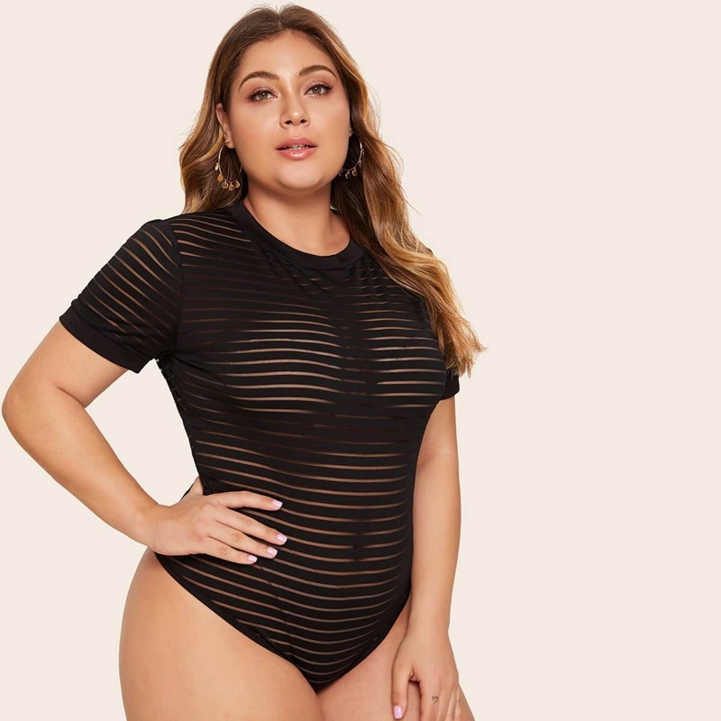 

Plus Striped Sheer Skinny Bodysuit, Black
