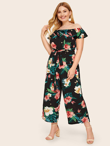Plus Off Shoulder Floral Print Ruffle Trim Jumpsuit