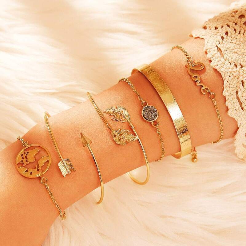 

Leaf & Earth Detail Bracelet 6pcs, Gold