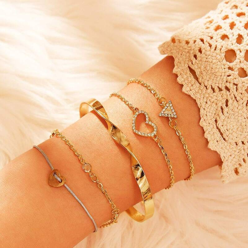 

Rhinestone Geometric Charm Bracelet 5pcs, Gold