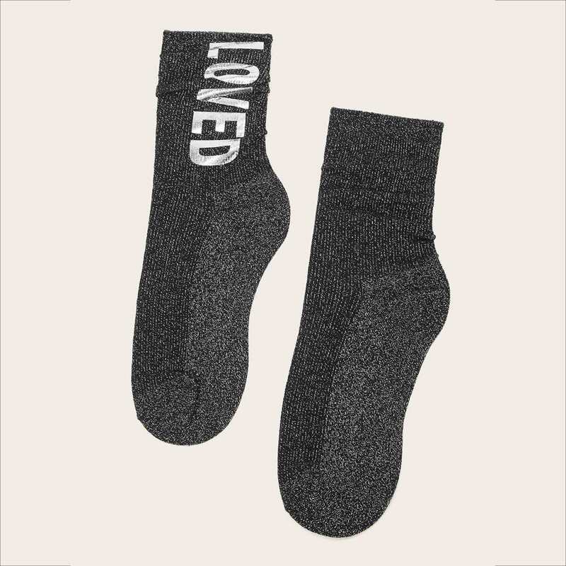 

Letter Pattern Glitter Calf Socks 1pair, Black