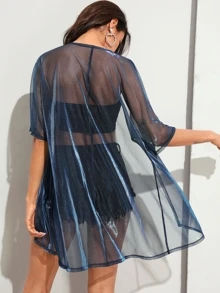 SHEIN Sheer Metallic Kimono - Navy Blue - View 2