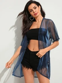 SHEIN Sheer Metallic Kimono - Navy Blue - View 5