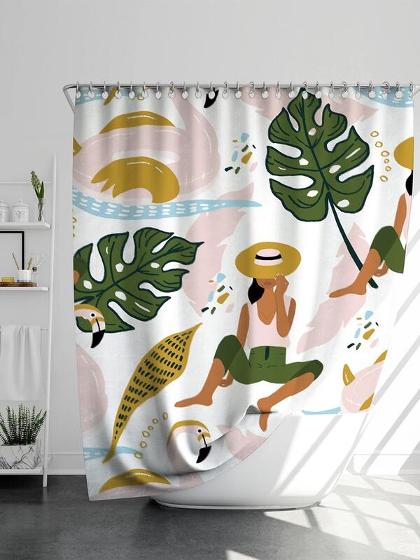 Girl Leaf Print Shower Curtain 1pc Shein Uk