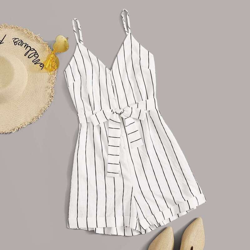 

Striped Button Front Belted Cami Romper, White