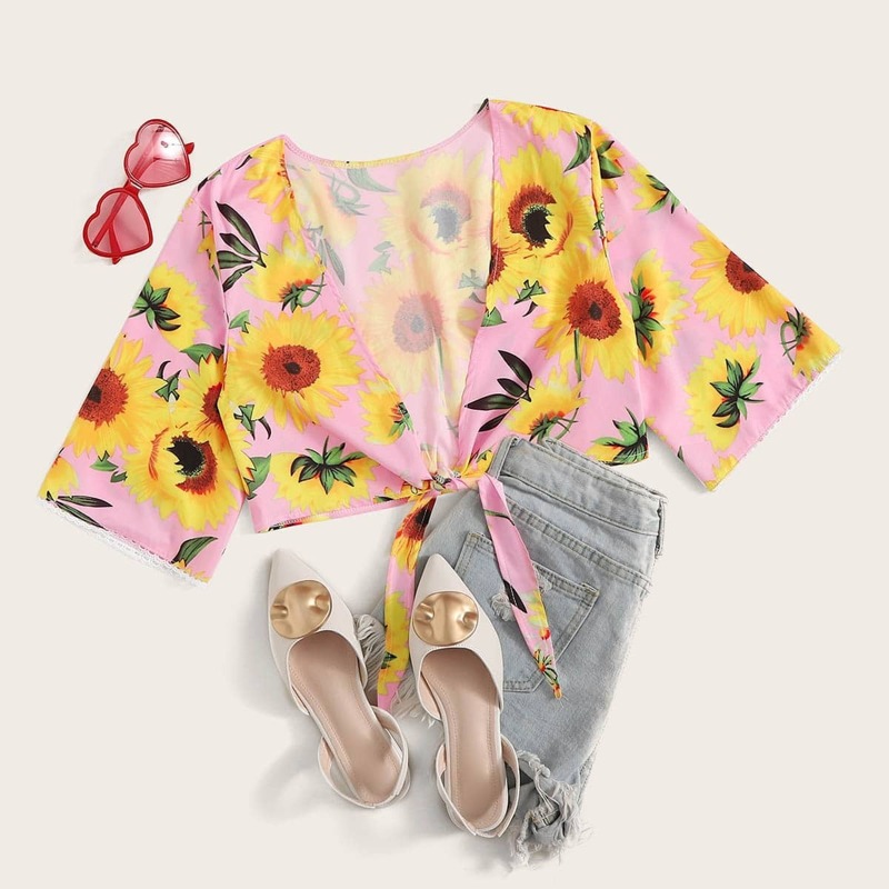 

Sunflower Print Tie Front Crop Top, Multicolor