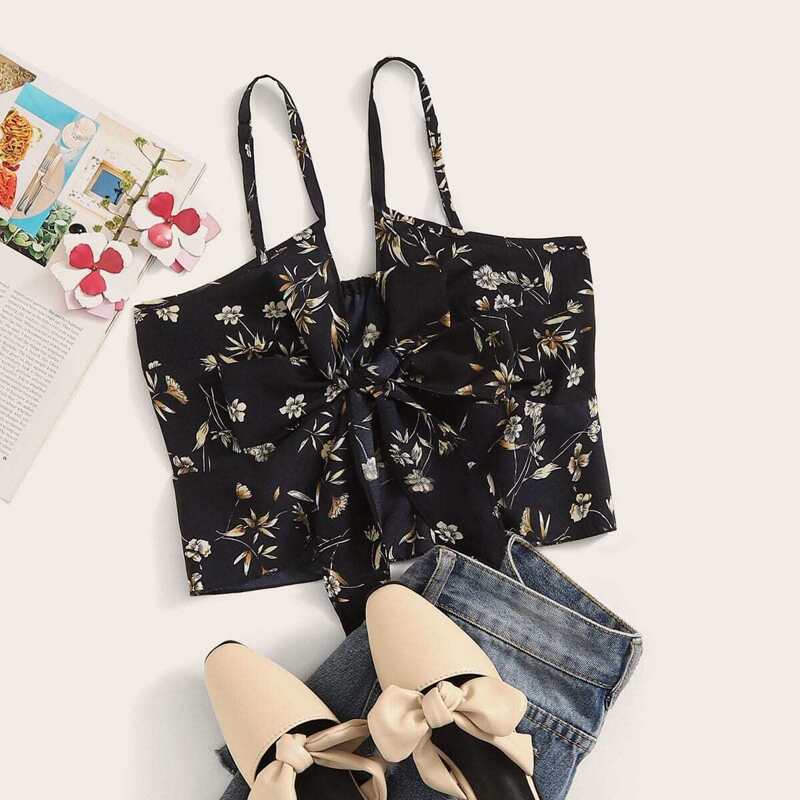 

Floral Print Tie Front Cami Top, Black